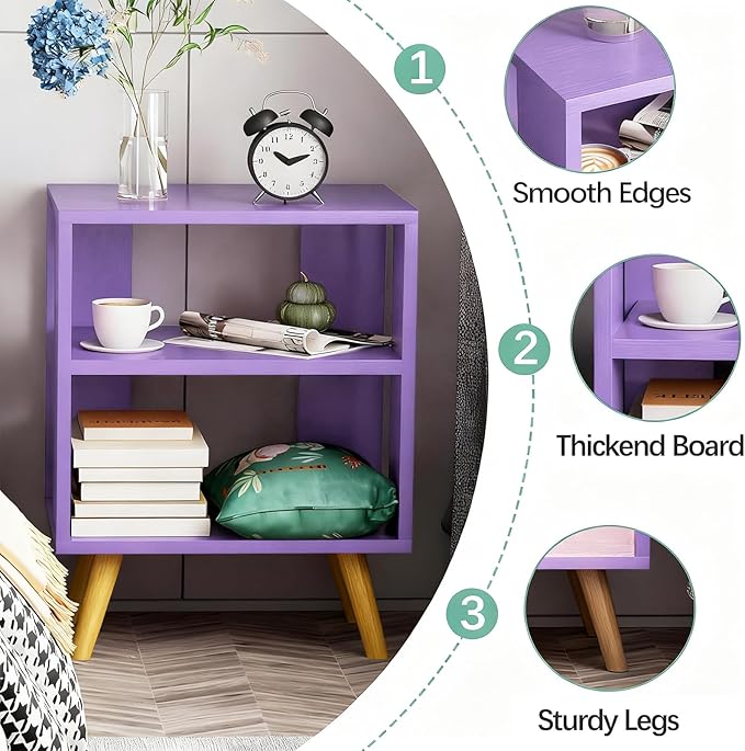 Aenuert Night Stand, Purple Nightstand, Modern End Table with Open Storage, 2-Tier Wooden Bedside Table for Small Space, Living Room, Bedroom