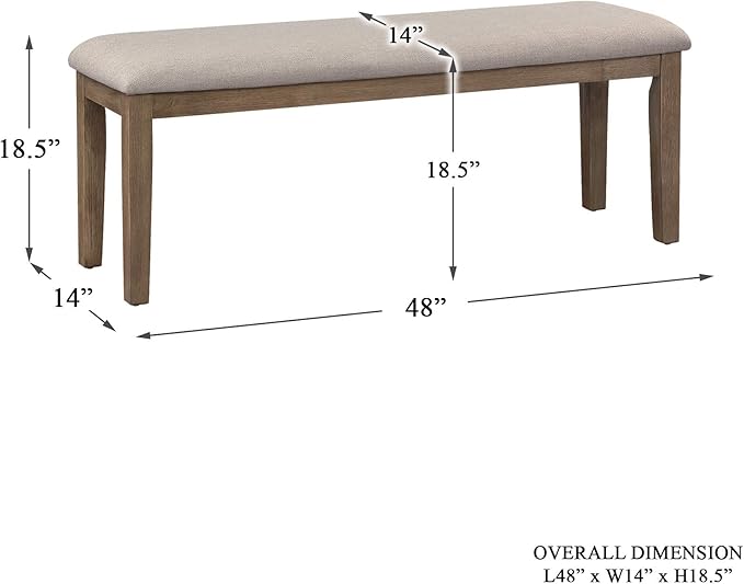 Homelegance Blair Upholstered Dining Bench, 48" W Entryway Bench, Sturdy Solid Wood Frame, Wire Brush Brown Finish, Comfortable Cushion Seat, Easy Assembly, Modern & Traditional - Brown
