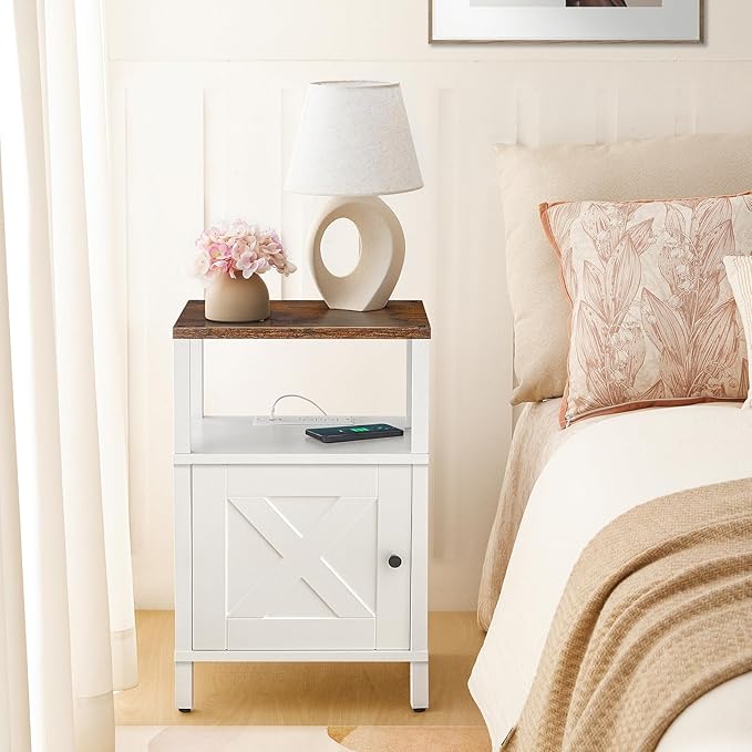 MAHANCRIS Set of 2 Farmhouse Nightstand with Charging Station, White Night Stand End Table with USB Ports, Bedside Table with Storage Cabinet, Modern Side Table for Bedroom, Rustic Brown ETRW96E01S2