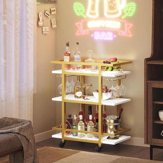 YATINEY 3 Tier Bar Cart, Home Bar Serving Cart with Wheels, Drink Cart with Glass Holder, Beverage Cart, Mobile Kitchen Cart, for Home, Garden, Party, Gold BC19DW
