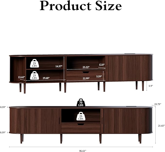 DHH 86.6" Fluted TV Stand with Power Outlet for TVs up to 90", TV Console with Adjustable Shelves and Sliding Door,Mid Century Modern Entertainment Center for Living Room,Bedroom (Walnut, 86.6Inch)
