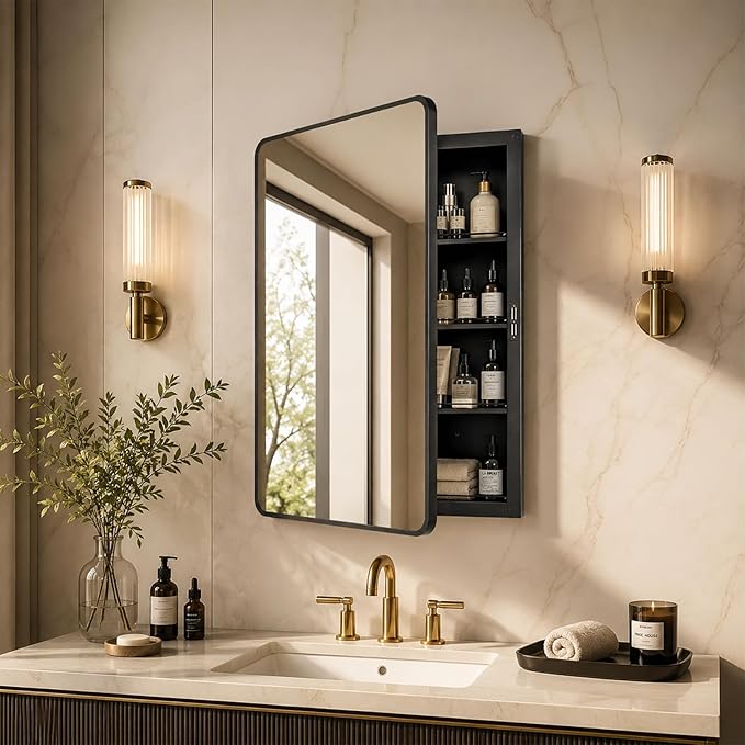 Medicine Cabinet with Mirror 16x24 inch, Black Recessed or Surface Wall Mount Bathroom Cabinets with Adjustable Shelves and Metal Framed