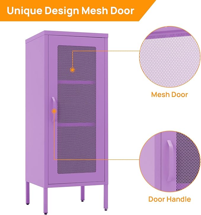 Slim Metal Storage Cabinet with Mesh Doors - 42'' Tall Narrow Organizer Tower, Compact Freestanding Cabinet, Versatile Utility Storage for Home, Office, Kitchen, Living Room, Durable and Modern Design
