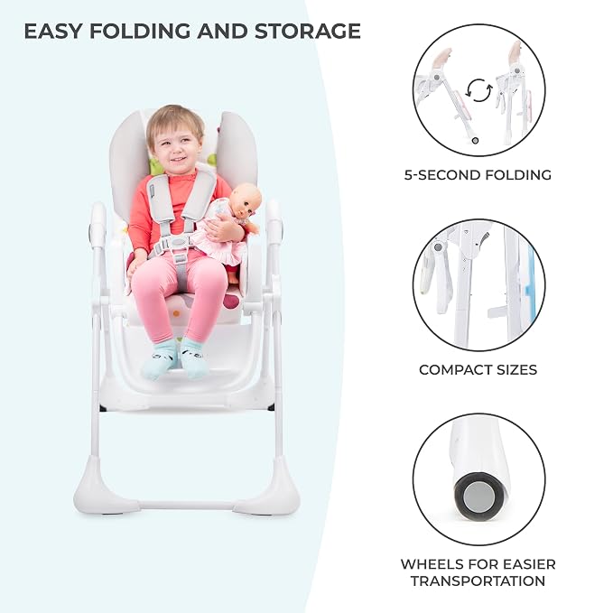 Kinderkraft Highchair Yummy, Baby Chair, Ergonomic, Comfortable, Reclining, Foldable, with Ajustable Height, Footrest, Detachable Double Tray, for Toddler, from 6 Month to 3 Years, Pink