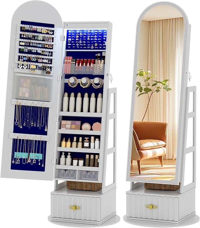 Vlsrka 6 LEDs Mirror Jewelry Cabinet, 360° Swivel Full Length Mirror with Storage, Lockable Jewelry Armoire Cabinet Standing, Large Drawers Jewelry Organizer Mirror, Gift Idea for Women, White
