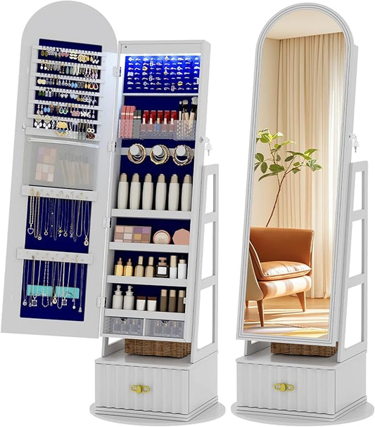 Vlsrka 6 LEDs Mirror Jewelry Cabinet, 360° Swivel Full Length Mirror with Storage, Lockable Jewelry Armoire Cabinet Standing, Large Drawers Jewelry Organizer Mirror, Gift Idea for Women, White