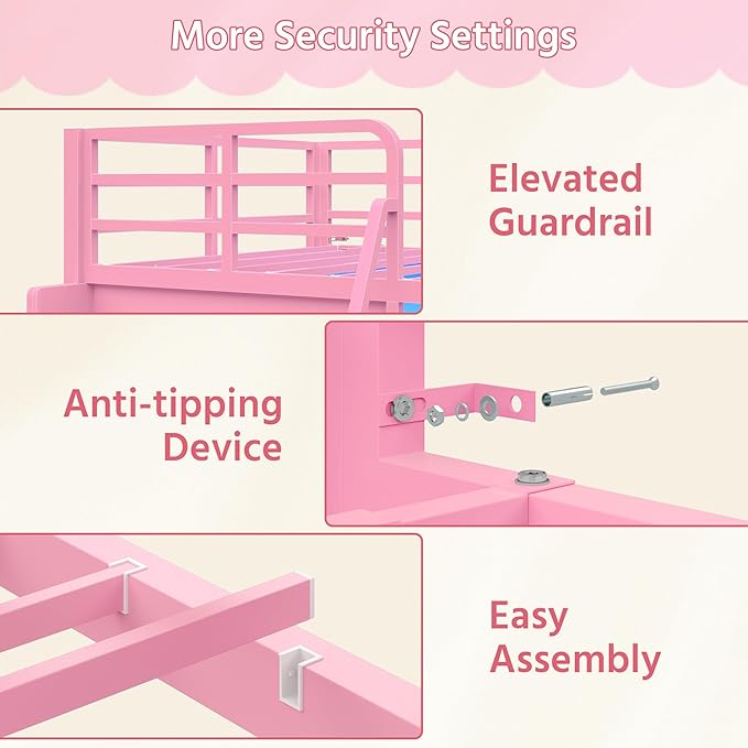 Dnxao Low Loft Bed Full Size with 9 Drawers and 2 Bookcases, Full Size Loft Bed with Charging Station & LED Lights, 15" H Safety Guardrail Metal, Under-Bed Play Space,Pink