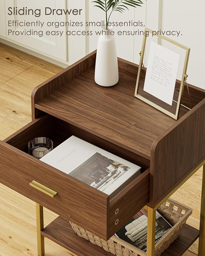 Masupu Nightstand, 3-Tier Modern Bedside Night Stand with Storage Drawer and Shelf, Small End Side Table for Bedroom, Living Room, Walnut