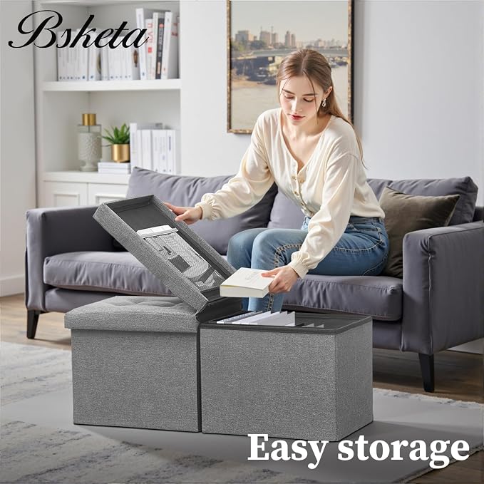 Bsketa Storage Ottoman Bench with Folding Lid Ⅲ, Foot Stools Opens on Both Ends, Footrest Foldable Linen Chest for Living Room, Bedroom, Entryway, End of Bed Storage Blanket Ottomans Dark Gray