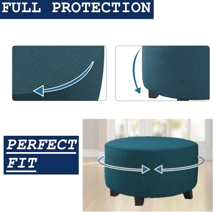 Stretch Ottoman Slipcover – Round Furniture Protector Fits 30"-41" Dia, for Footrests, Storage Ottomans & Folding Stools – Elastic Fabric Cover (Teal, X-Large)