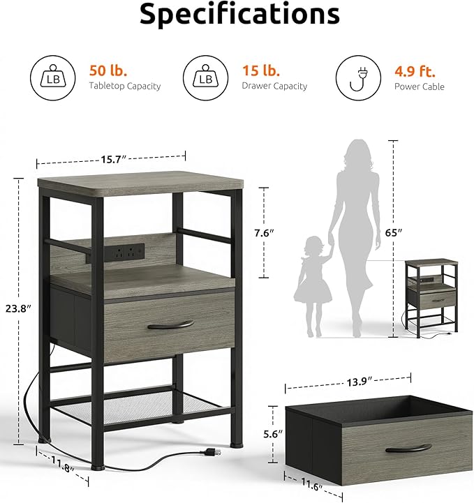 Lazzanto Nightstands Set of 2 with Charging Station, Bedside Tables with Open Shelf & Hooks, End Tables with USB-C USB-A Ports AC Outlets, Night Stand for Bedroom with Fabric Drawer, Grey