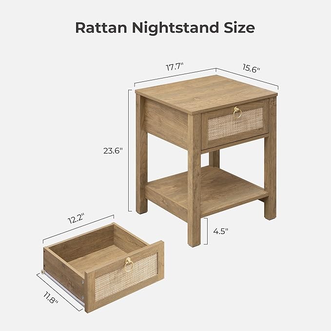 SICOTAS Rattan Nightstand,Rattan Decor Drawer with Brass Knobs Night Stand Bedside Table Boho End Tables Side Tables with Storage Shelf for Bedroom,Small Space