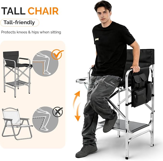 VINGLI 31" Tall Director's Chair for Makeup Artist, Aluminum Portable Makeup Chair with Retractable Side Table & Footrest,Supports 300 lbs, Foldable Makeup Chair for Studio, Silver & Black