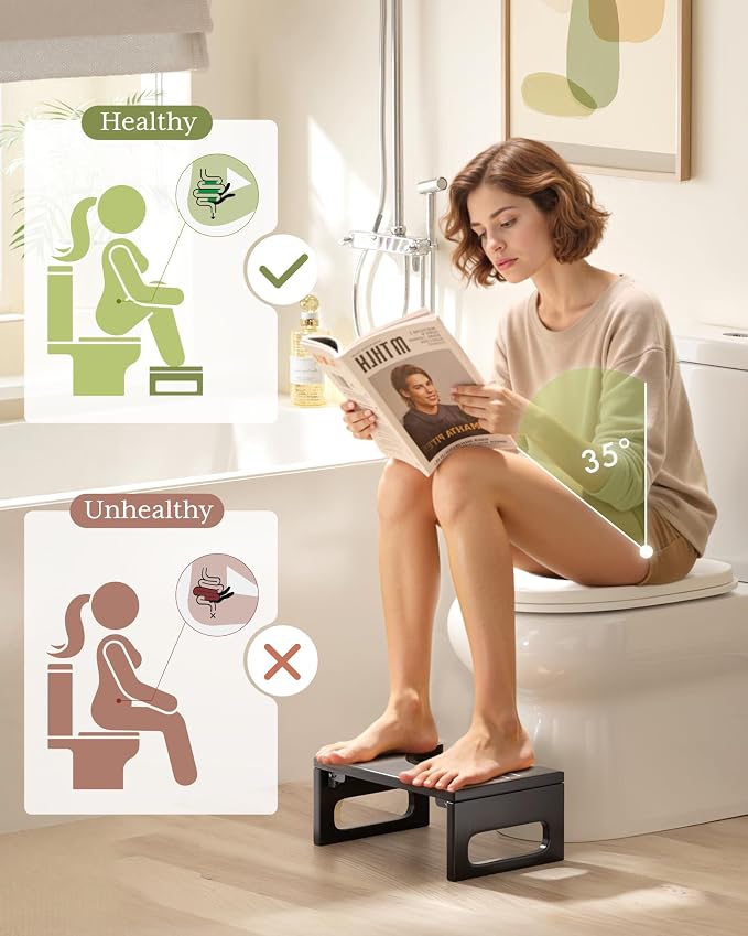 AmazerBath 7 Inches Bamboo Toilet Stool Squat for Adult, Foldable Squatting Potty Stool for Bathroom, 0.79" Thickness Poop Stools with Non-Slip Strip, Space-Saving, No Assembly Required, Black