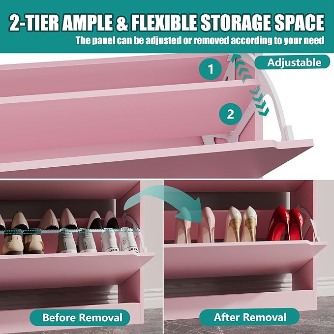Xixini Shoe Storage Cabinet for Entryway with 3 Flip Drawers, Sturdy Wood Hidden Shoe Storage, Freestanding Narrow Slim Shoe Organizer for Front Door Entrance, Living Room, Hallway, Bedroom, Pink