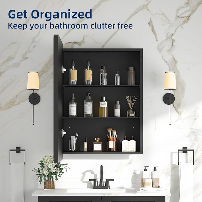 Medicine Cabinet 20 x 28 Inch, Black Bathroom Medicine Cabinet with Mirror,Metal Beveled Mirror, Adjustable Shelves, Recessed or Wall Mount, Sturdy & Solid, Bathroom Mirror with Storage