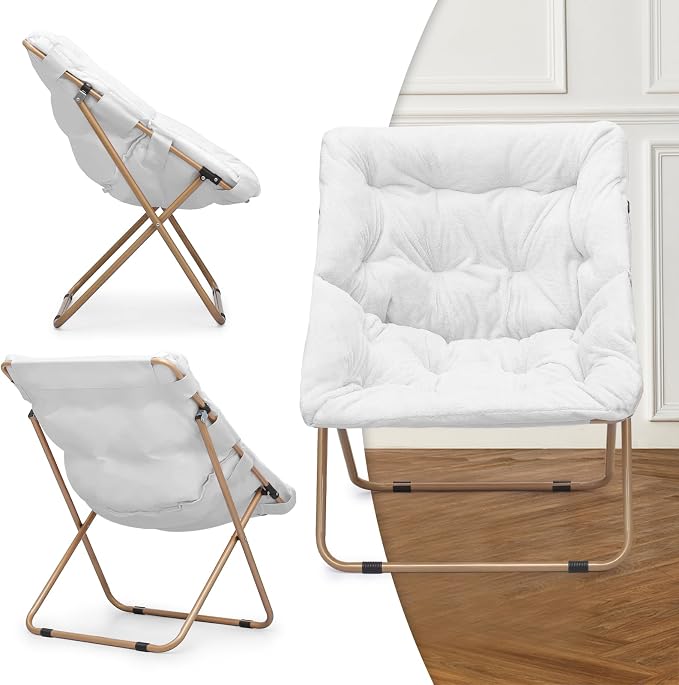 MoNiBloom Square Folding Faux Fur Saucer Chair for Bedroom Living Room Dorm Foldable Metal Frame Oversized Large Comfy Furry Padded Soft Cozy Moon Chair with Footrest Ottoman for Adults (White)