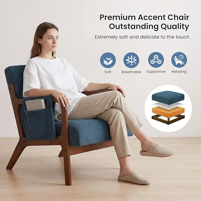 DUMOS Accent Chairs Set of 2, Mid Century Modern Accent Chair with Lumbar Pillow and Solid Wood Frame, Upholstered Armchair Reading Chair for Living Room, Bedroom, Navy Blue