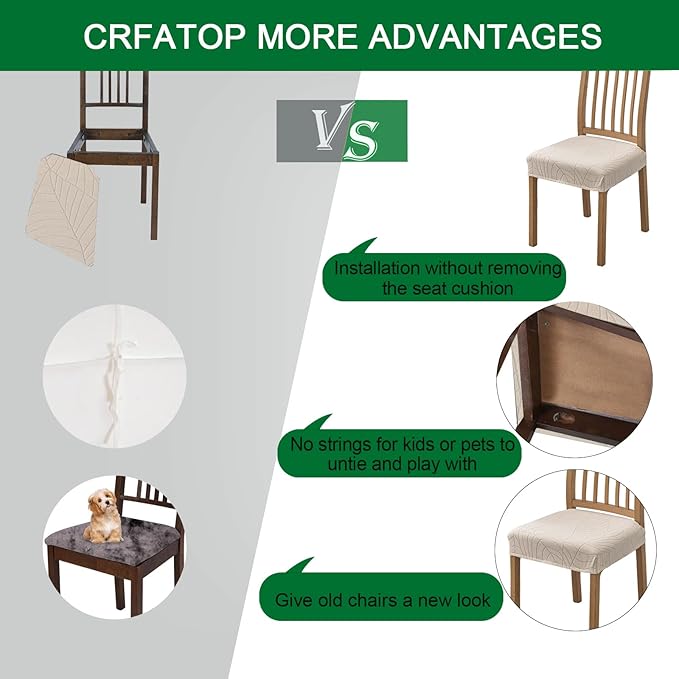 CRFATOP Waterproof Dining Room Chairs Seat Covers Set of 4 with Stretch Bench Slipcover Jacquard Kitchen Chair Slipcover Washable Seat Cushion Slipcover for Hotel Banquet Wedding Party, Beige