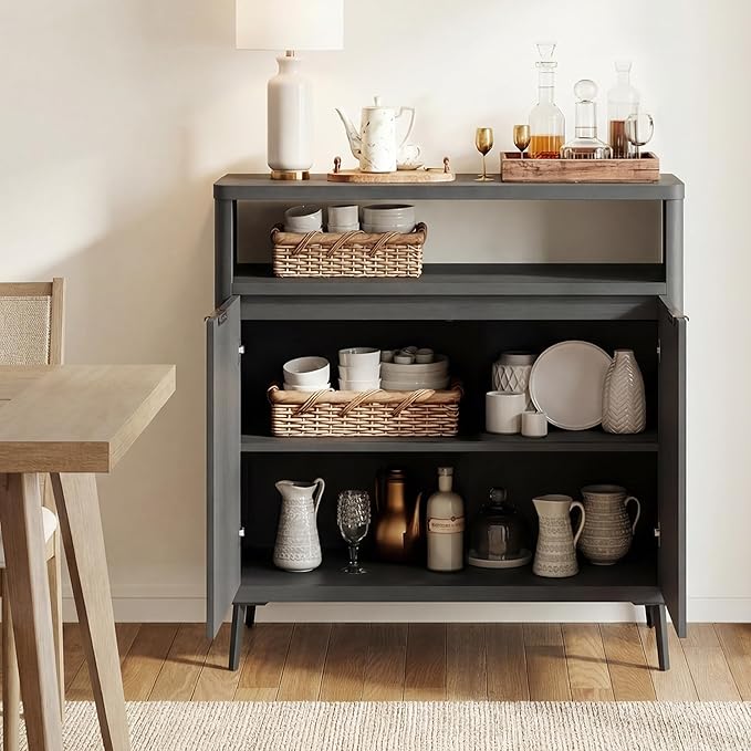Fatmok Fluted Buffet Cabinet with Storage, 31.4" Wide Wood Sideboard Credenza with 2 Doors & Open Storage Shelf, Modern Coffee Bar Table for Living Room Kitchen Dining Room,Black Grey
