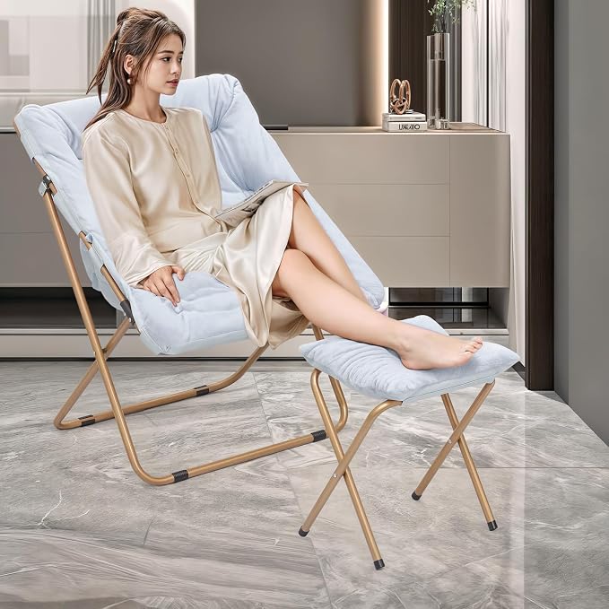 MoNiBloom Square Folding Faux Fur Saucer Chair for Bedroom Living Room Dorm Foldable Metal Frame Oversized Large Comfy Furry Padded Soft Cozy Moon Chair with Footrest Ottoman for Adults (Blue)