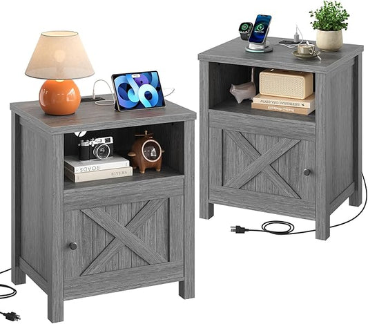 Marsail Farmhouse Nightstand Set of 2, Wood Bedside Table with Charging Station, Night Stand with Shelf and Doors, End Table with Storage Side Table for Bedroom, Grey