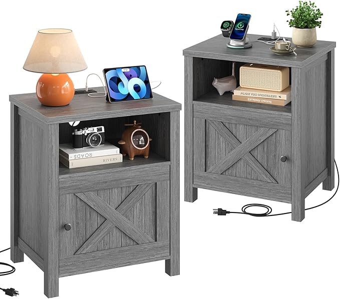 Marsail Farmhouse Nightstand Set of 2, Wood Bedside Table with Charging Station, Night Stand with Shelf and Doors, End Table with Storage Side Table for Bedroom, Dark Grey