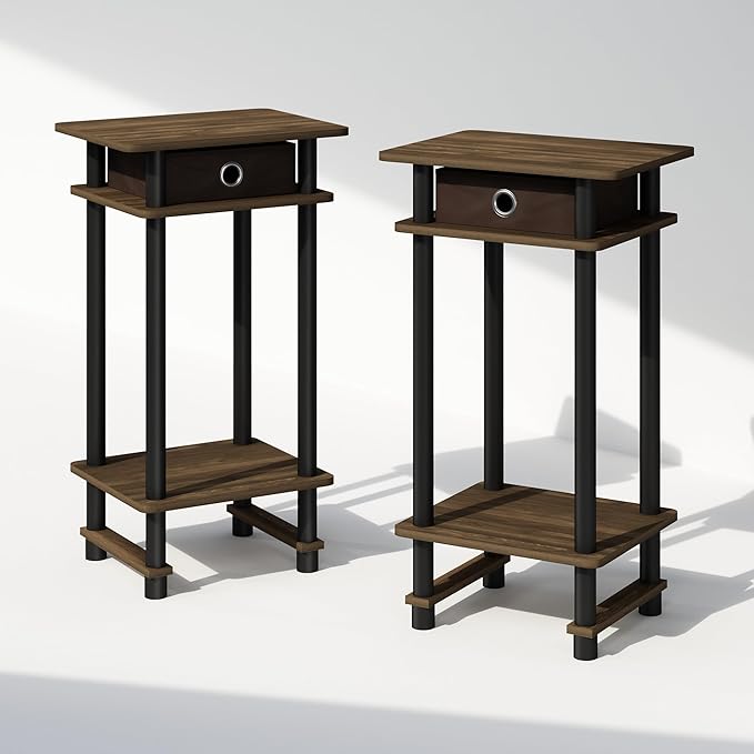 Furinno Turn-N-Tube Tall Nightstand with Bin, 2-Pack, Plastic Poles, Columbia Walnut/Black/Dark Brown