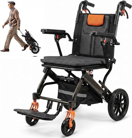 SOFTFISH Transport Wheelchair with Telescopic Rod, Wheelchairs for Adults with Foldable Footrest and Armrests, Narrow Wheelchair for Tight Spaces, Wheel Chair for Adults Seniors, Travel, Outing