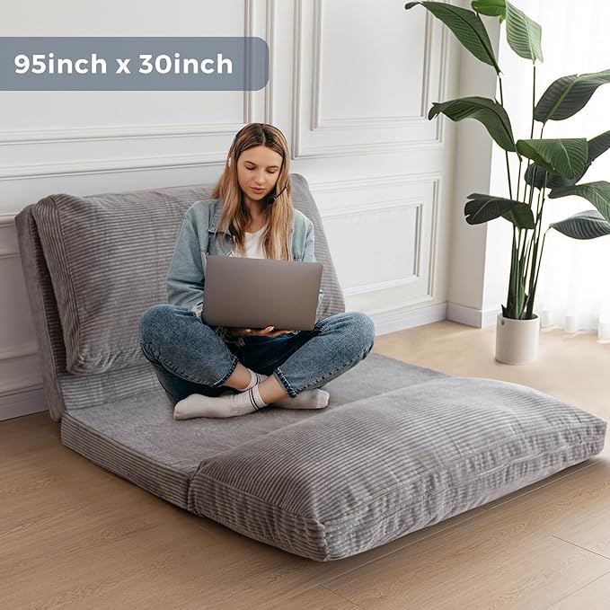 MAXYOYO Folding Sofa Bed, Floor Sofa Convertible Sleeper Chair with Washable Cover, Floor Couch Lounge Bean Bag Chair Bed for Living Room, Grey, 30x95 Inch