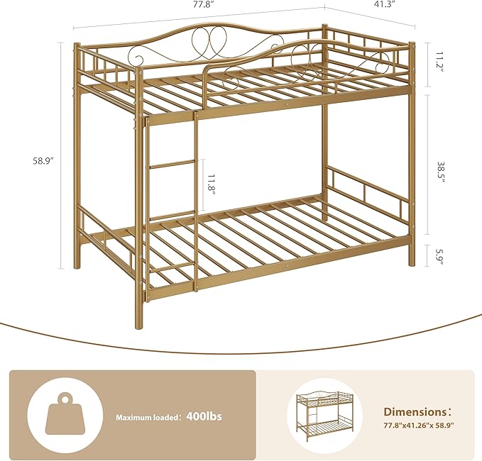 IDEALHOUSE Bunk Bed Twin Over Twin with Ladder & Full Safety Guardrail, Heavy Duty Metal Twin Over Twin Bunk Bed 400 Lbs Load Capacity, Space-Saving, Noise Free, No Box Spring Needed, Easy Assembly, G