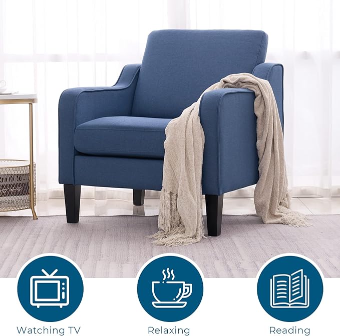 VINGLI Mid century Modern Accent Chair,Navy Blue Fabric Accent Chairs for Living Room Upholstered Armchair with Scooped Arms for Bedroom,Apartment,Studio,Office,Waiting Room