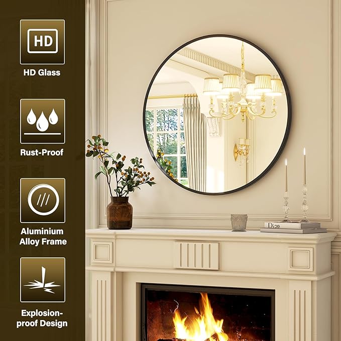 XRAMFY 36 Inch Round Mirror - Circle Mirrors for Bathroom, Entryway and Living Room Wall Decor, Modern Hanging Vanity Mirror, Matte Black Circle Decorative Wall Mirror