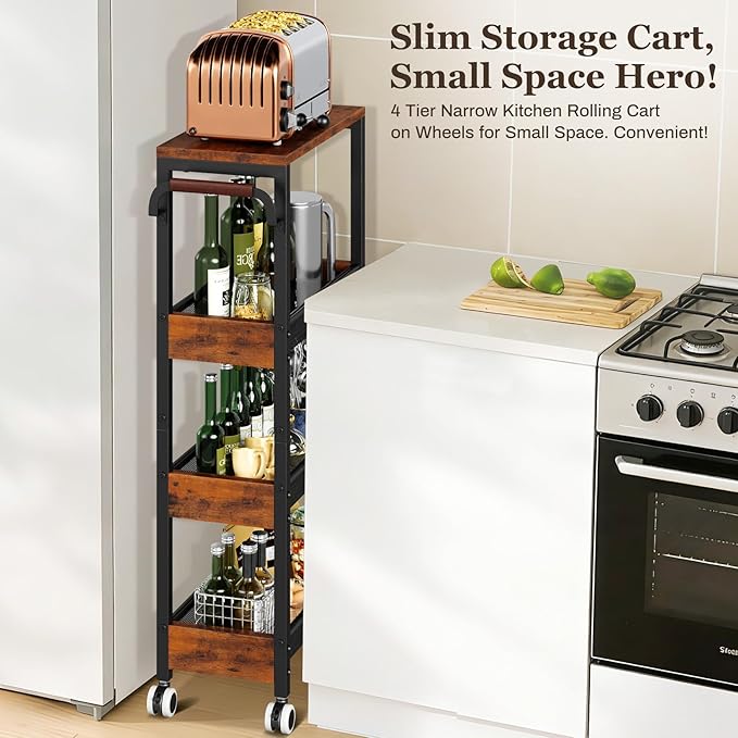 Utility Slim Storage Cart with Wheels, 4 Tier Slim Rolling Cart, Slim Rolling cart for Kitchen,Small Rolling Cart with Wood Top, Skinny Metal Organization Trolley Laundry with Handle for Small Space