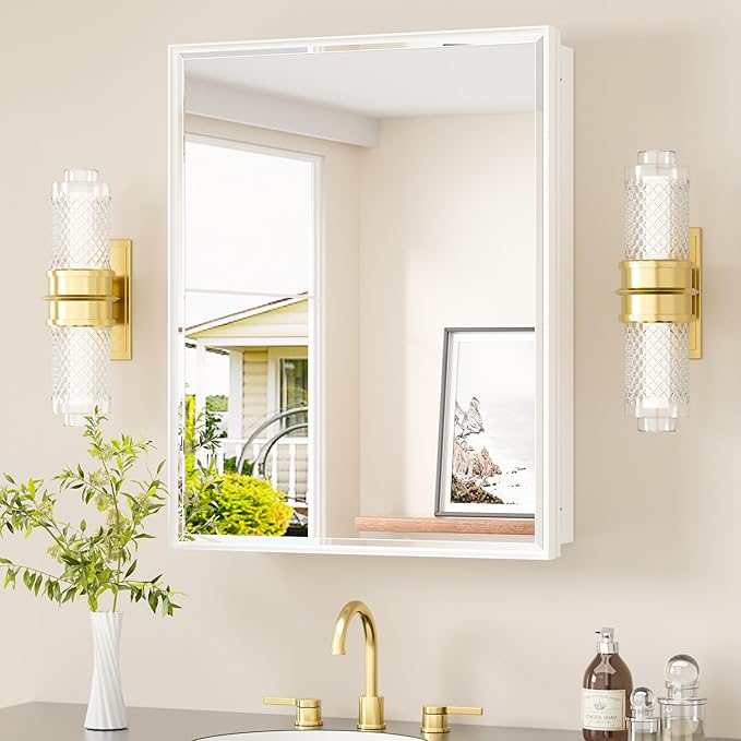 TETOTE Medicine Cabinet 24" x 30" Bathroom Mirror with Storage White Medicine Cabinet with Mirror for Bathroom, Beveled Framed, Adjustable Shelves, Surface Mount or in Wall