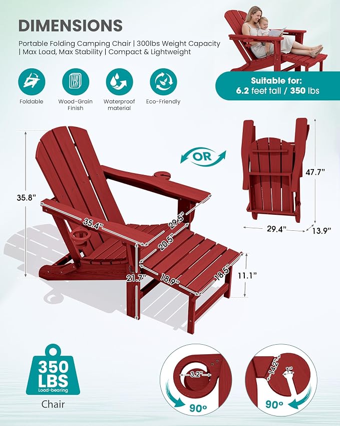 SERWALL Folding Adjustable Adirondack Chairs with Footrest Set of 2, HDPE Outdoor Chair with Dual Cup Holders, All Weather Adirondack Chair with Ottoman, Red