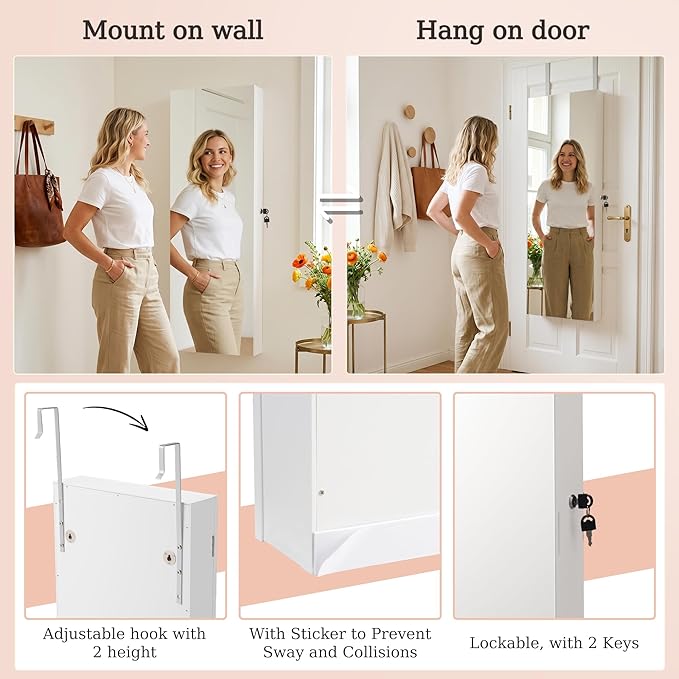 Unisakey Mirror Jewelry Cabinet,Lockable Wall or Door Mounted Jewelry Armoire Organizer With Built-up Mirror,LED Lights, Drawers,Cosmetic Trays,Shelves, 14.4"x3.15"x 43.1"（White）