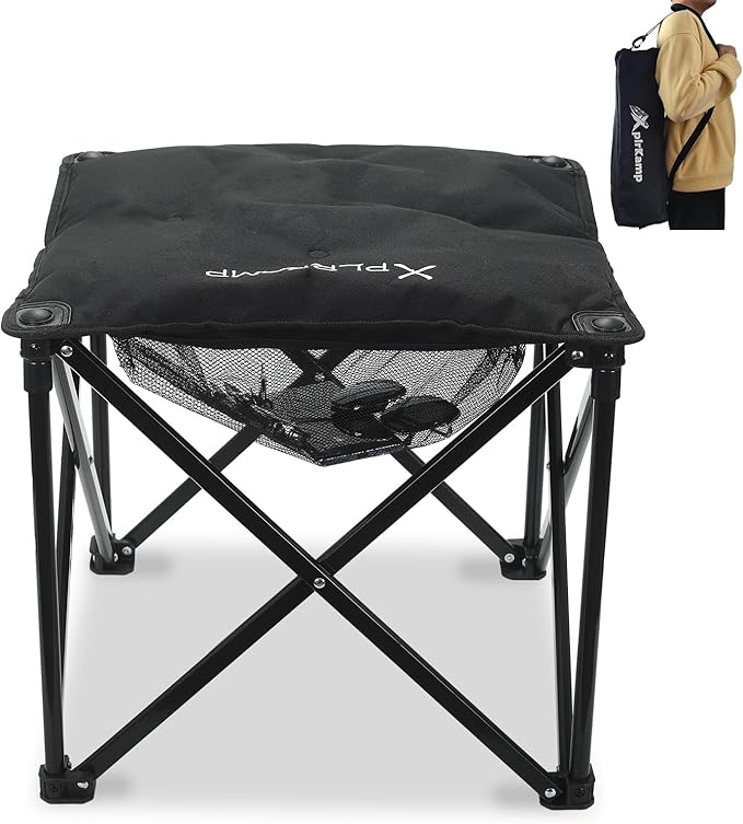 Padded Camping Stool, 18 Inch Oversized Camping Foot Rest, 500lb Outdoor Folding Camp Chair Portable Camping Ottoman for Camping Gardening w/Storage Net, Carry Bag (1, Black)