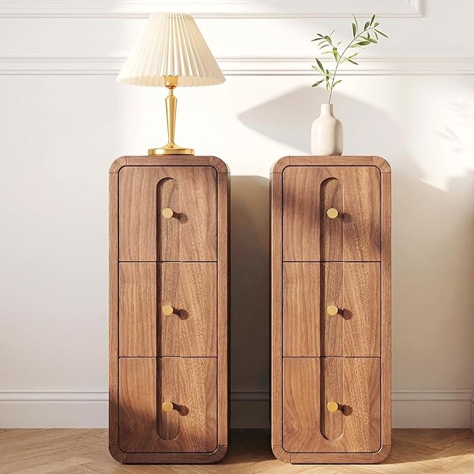 Narrow Nightstand Set of 2, Small Bedside Table with 3 Drawers, Mid Century Modern Skinny Night Stand with Storage, Wood Slim Side Table for Bedroom, Small Spaces, Living Room (Walnut-2pcs)