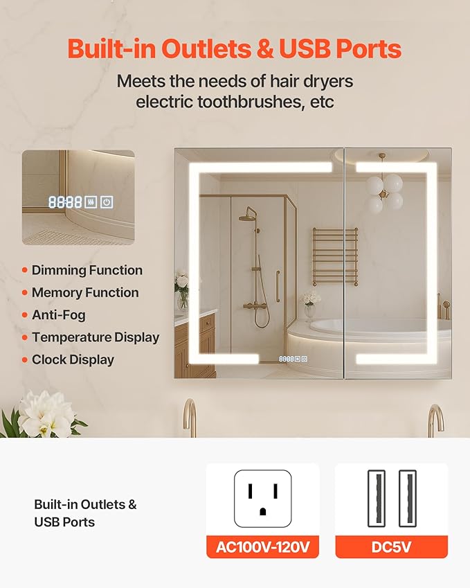 VEVOR Lighted Medicine Cabinet with Mirror, 36 x 30 in Recessed or Wall Mount, 3 Color Dimmable LED Bathroom Medicine Cabinet with HD Mirror, Clock, Adjustable Shelve Storage, Memory Defog Function