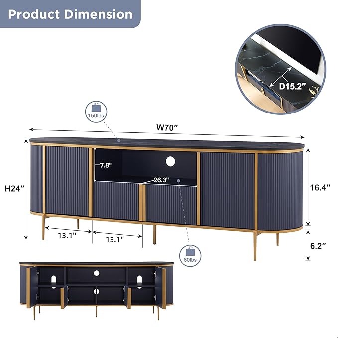 OKD 70" Fluted TV Stand with Storage, Faux Marble Top Entertainment Center for TVs Up to 80", Modern Curved Edge Media Console Cabinet for Living Room, Navy Blue