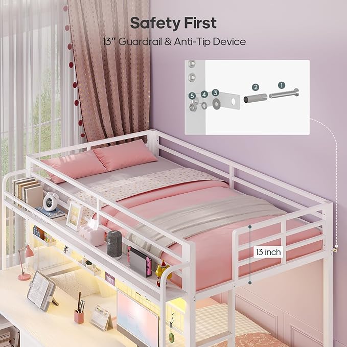 ADORNEVE Bunk Bed Twin Over Twin with 2 Person Desk, LED Lights Twin Bunk Bed with 4 Drawers,Storage Rack, 4 Shelves and Power Outles,Metal Twin Bunk Beds with Guardrail for Kids/Teens Bedroom, White