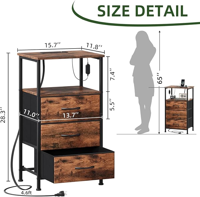 Somdot Tall Nightstand with Charging Station and LED Light for Bedroom, 3 Drawers Dresser with Fabric Bins for Bedside Kids Dorm Room Closet Laundry Entryway, Wood Grain Print