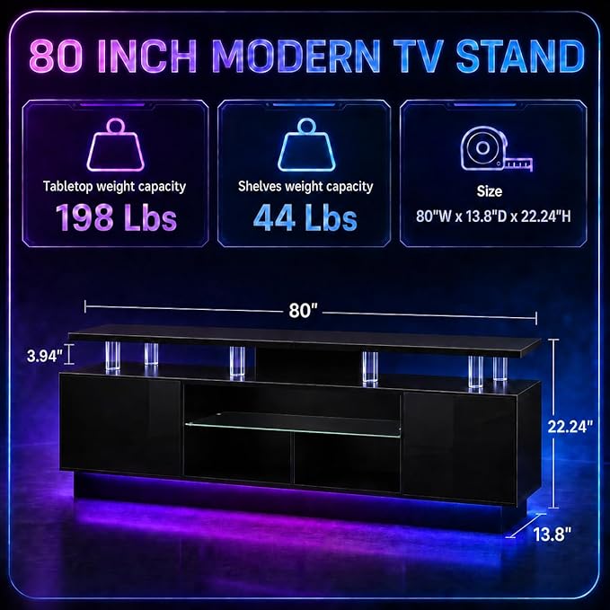 80” High-Glossy TV Stand with 2 Side Cabinets, Storage Entertainment Center, Modern Stylish TV Console with 3 Layer LED Lights&Power Outlets,Remote&APP Control for Living Room Use Black