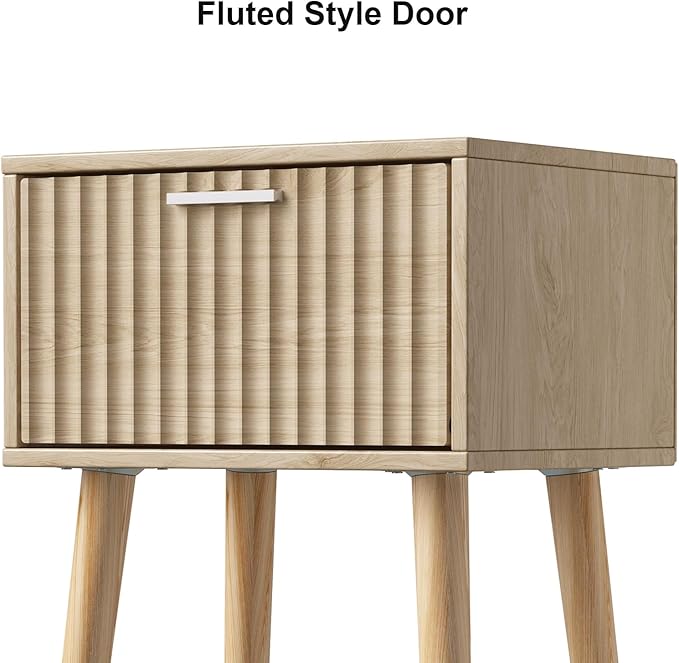 LAATOOREE Nightstands Set of 2, Small Side Table, Bedside Table with Fluted Door, Solid Wood Feet; Modern Mid-Century End Table for Bedroom, Small Space (Natural)