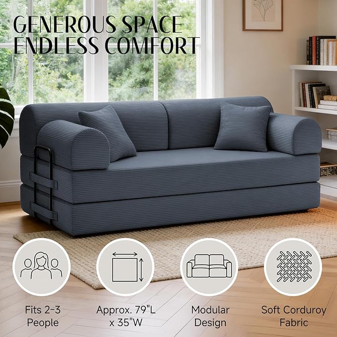 78.8" Convertible Sofa Bed with Detachable Arm Pillow, 6-in-1 Sectional Couches for Living Room, Corduroy Boneless Couch, Sleeper Loveseat Couch Bed, No Assembly, Gray Couch