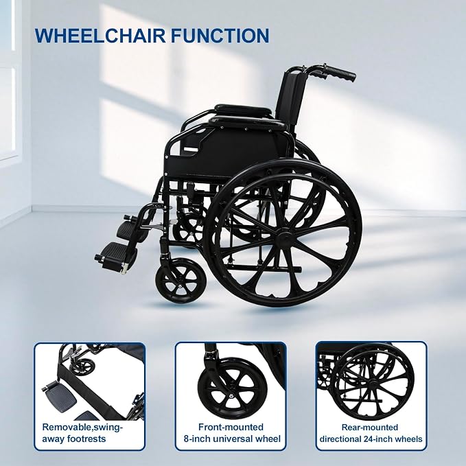 IDEALHOUSE Wheelchairs for Adults Lightweight Foldable, 18" Seat Wheelchair, Flip-Up Arms & Removable Footrests, Portable Transport Wheelchair Lightweight Foldable, Wheel Chair for Adults, 220lbs