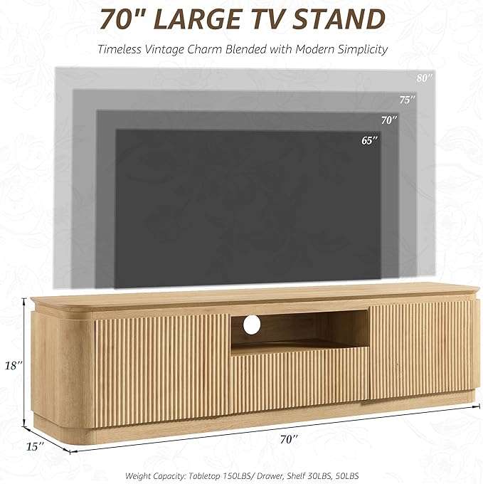 70" Fluted TV Stand for TVs Up to 80", Mid Century Modern Entertainment Center with Drawer, Storage Cabinet, Open Shelf, Wood Low Profile Media TV Console for Livingroom, Natural Oak