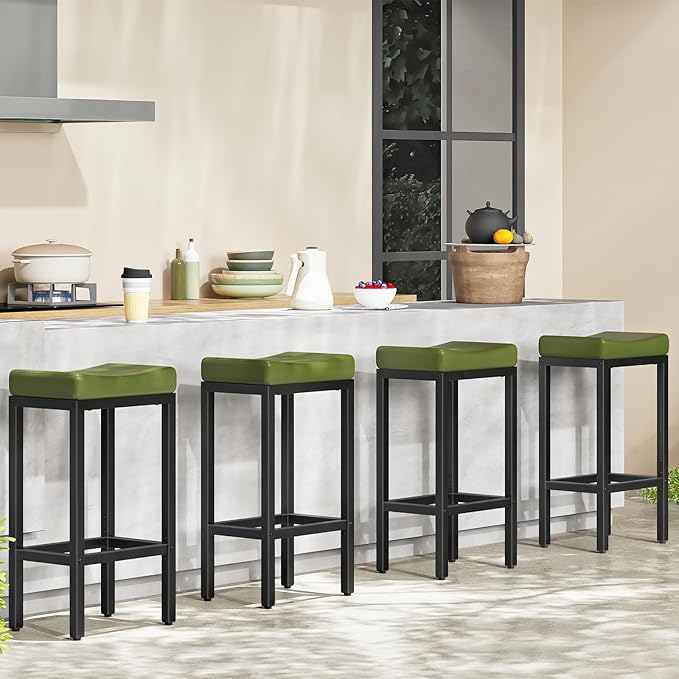 HOOBRO Bar Stools, Set of 2 Bar Chairs, Counter Height Stools, Saddle Barstools with Curved Surface, 24.8 Inches, 2.4" Thick Upholstery, for Kitchen, Dining Room, Cafe Forest Green and Black JB10BY01