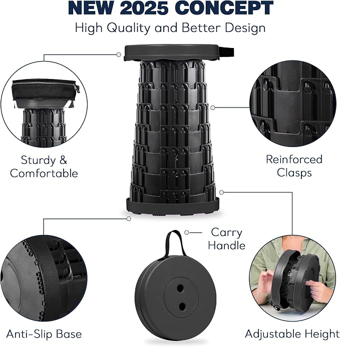 Collapsible Stool Max 620lbs & 3-in-1 Cushioned Carry Bag, Portable Telescopic Stool for Adults, Adjustable Height Retractable Folding Seat or Footrest for Camping Hiking Travel